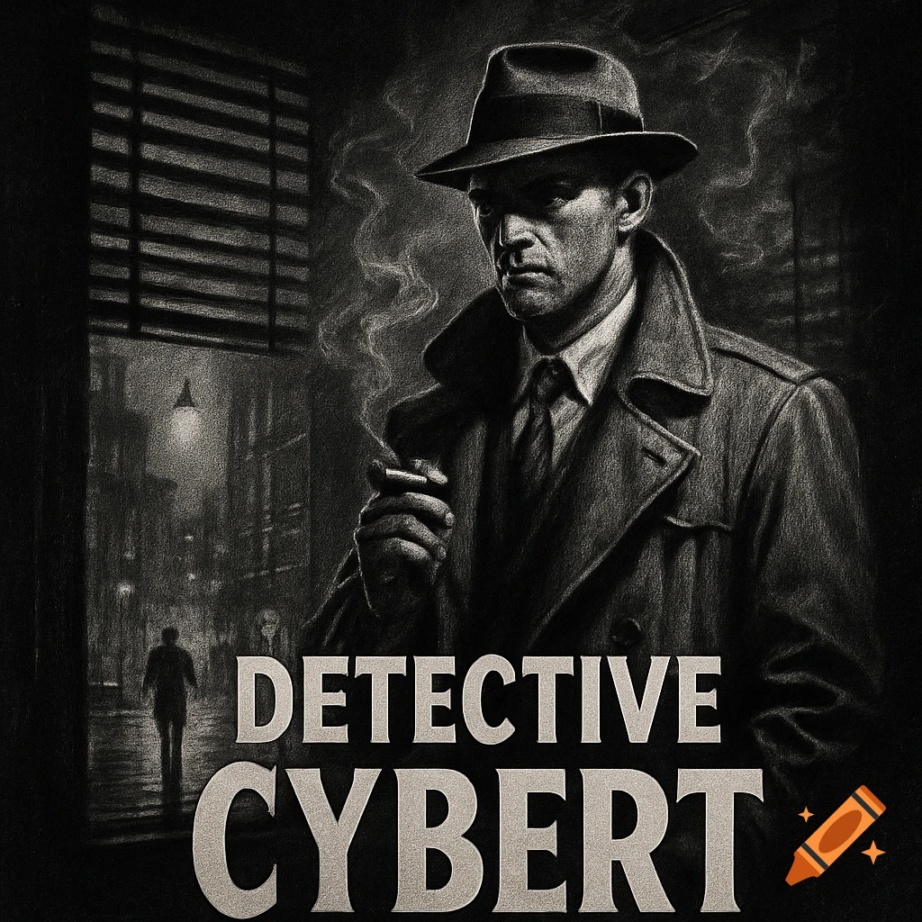 Monochromatic noir illustration of a detective smoking by a window overlooking a rainy city street. Text 'DETECTIVE CYBERT'.