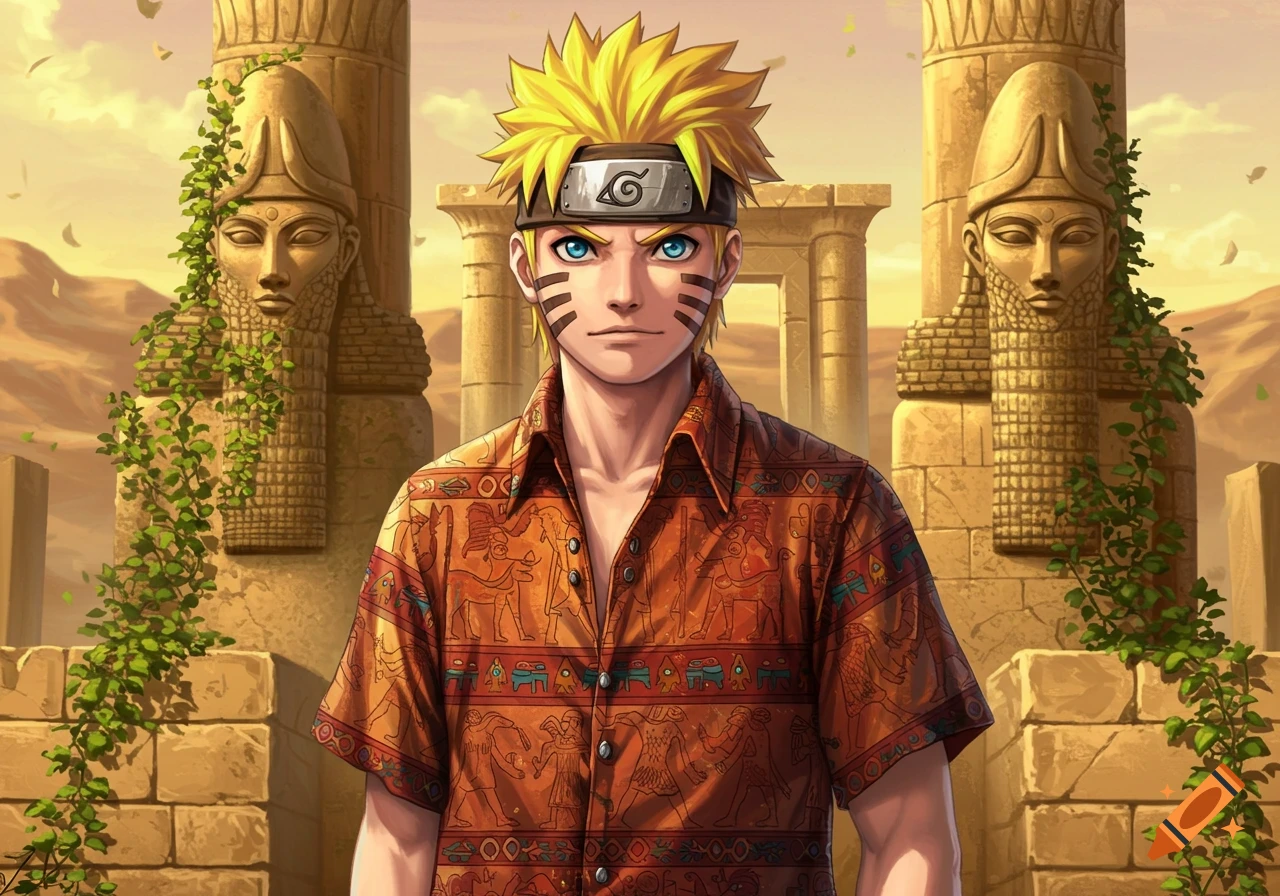 Anime character Naruto in an orange patterned shirt stands in ancient desert ruins.