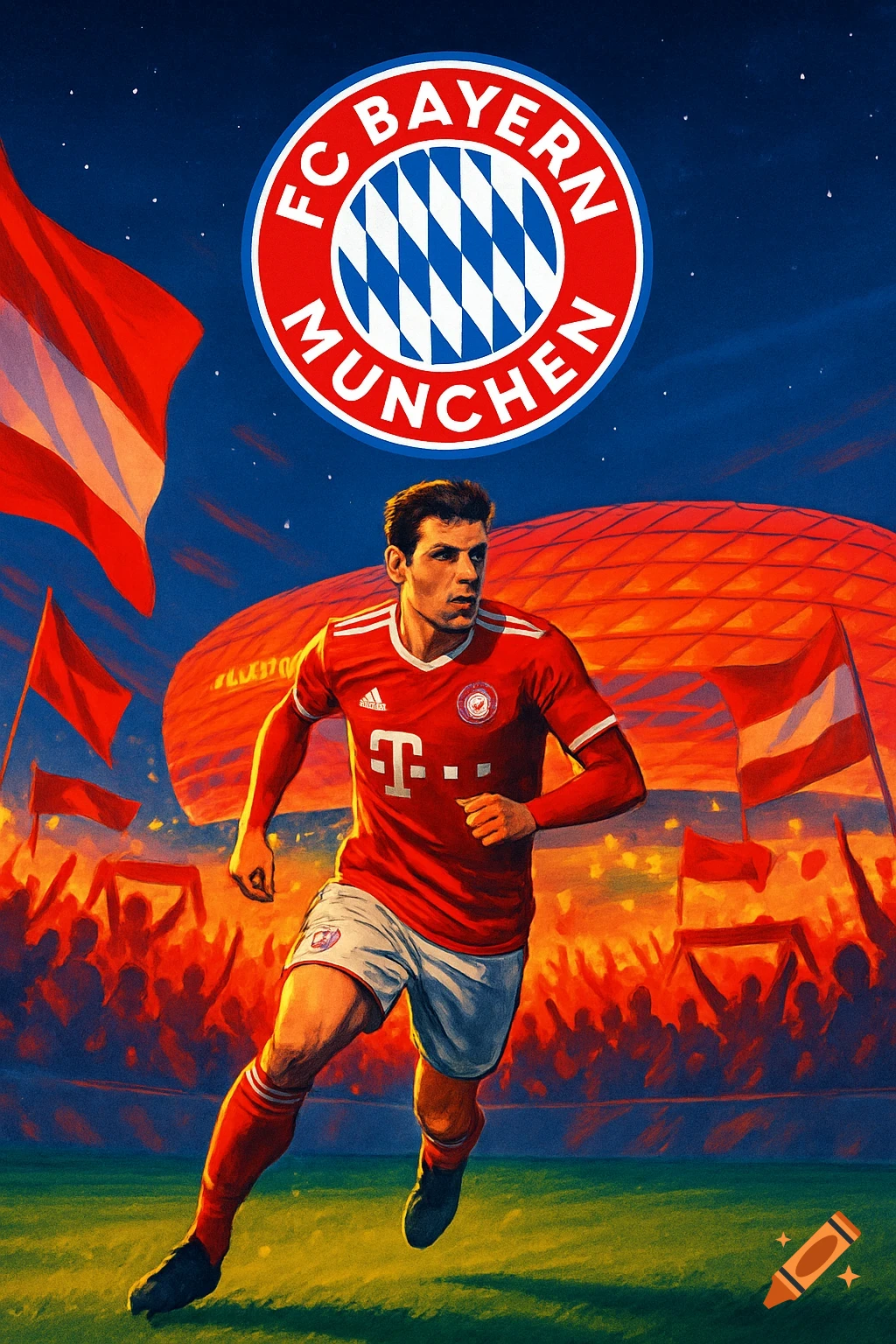 Stylized illustration of an FC Bayern München football player, with club logo, stadium, and fans in the background.
