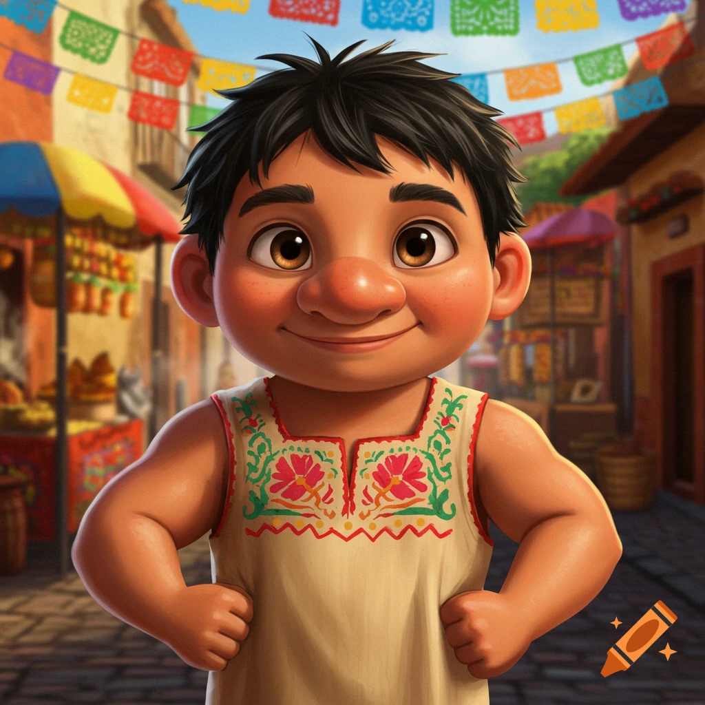 A smiling cartoon Mexican boy with a large nose, buff arms, and embroidered shirt stands in a vibrant village street under papel picado.