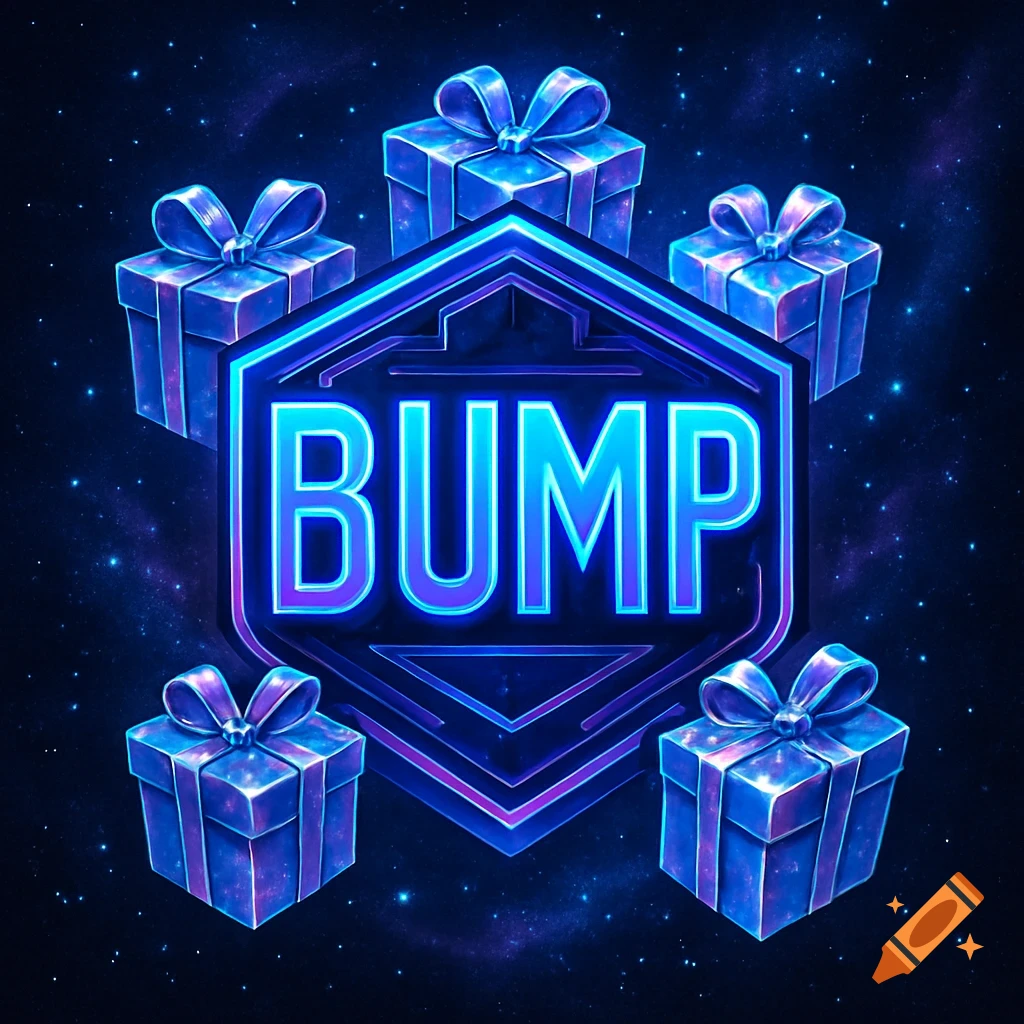 A glowing blue and purple hexagon with the word "BUMP" surrounded by five gift boxes on a dark, starry background.