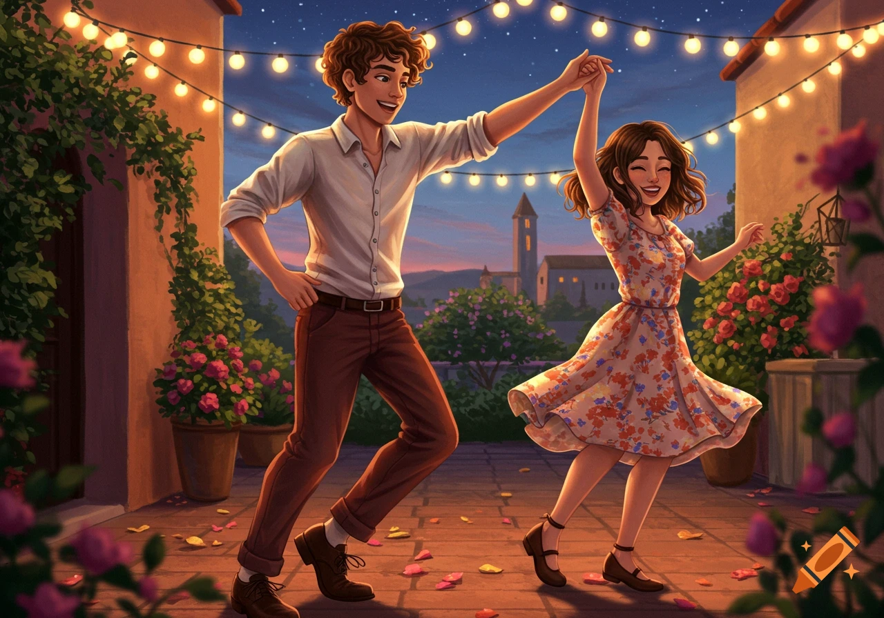 An illustrated young couple dancing joyfully outdoors at night under string lights, surrounded by potted flowers and a distant building.