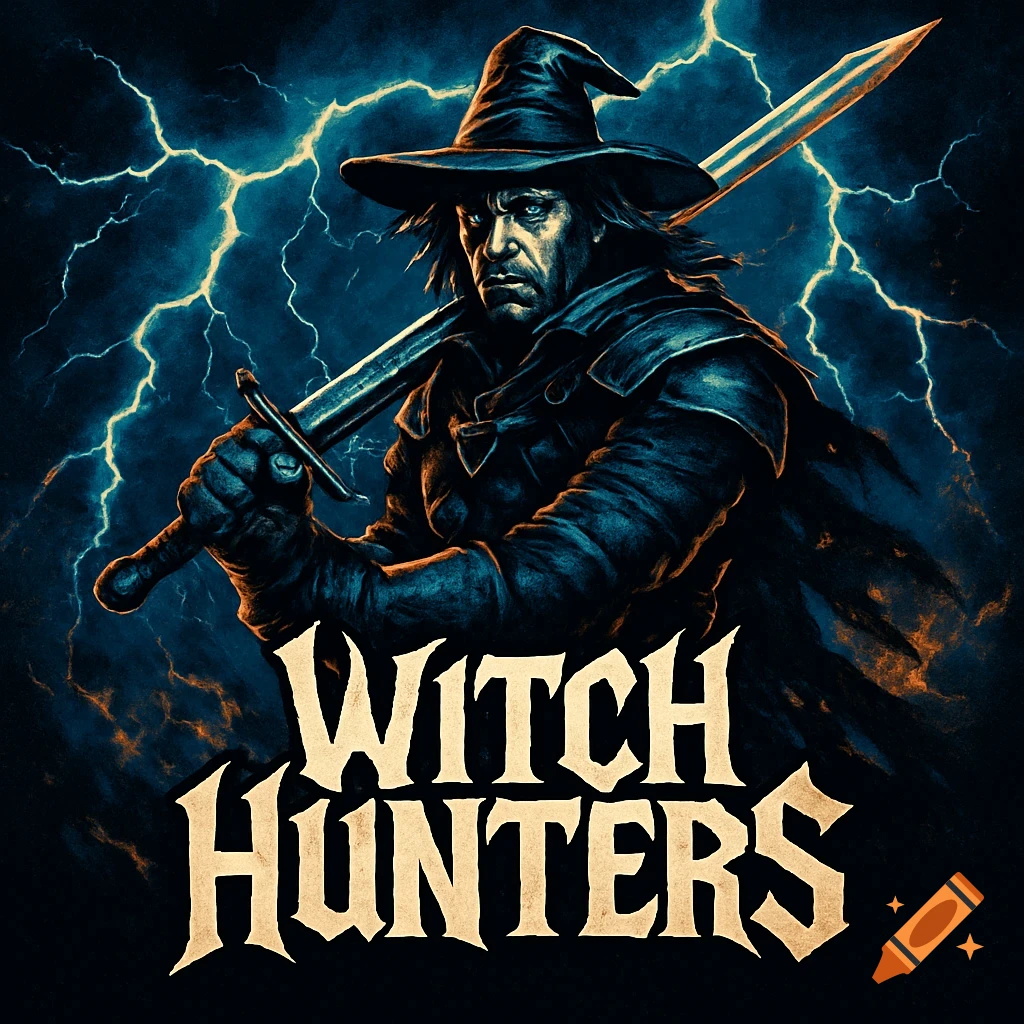 A stern witch hunter in a pointed hat and dark attire, holding a sword, with lightning. Text: WITCH HUNTERS.