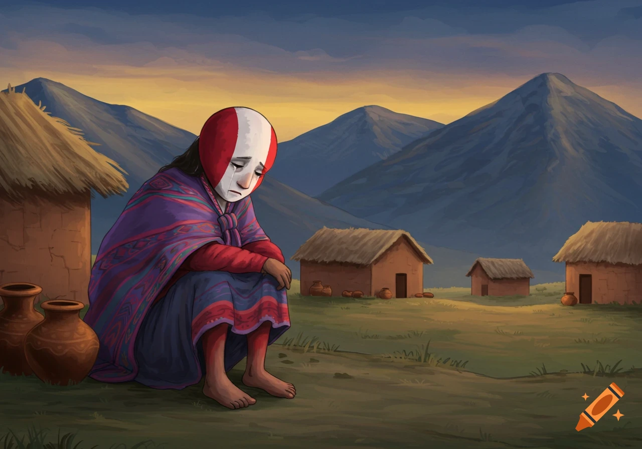 A personification of Peru with a flag-painted face cries while sitting in a rural mountain village, stylized illustration.