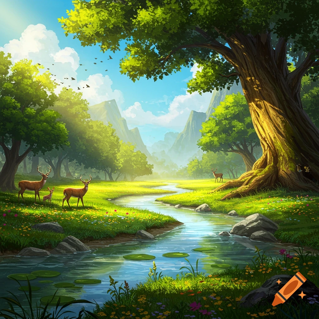 Lush fantasy forest landscape with a winding river, distant mountains, and deer grazing in the sunlit meadow.