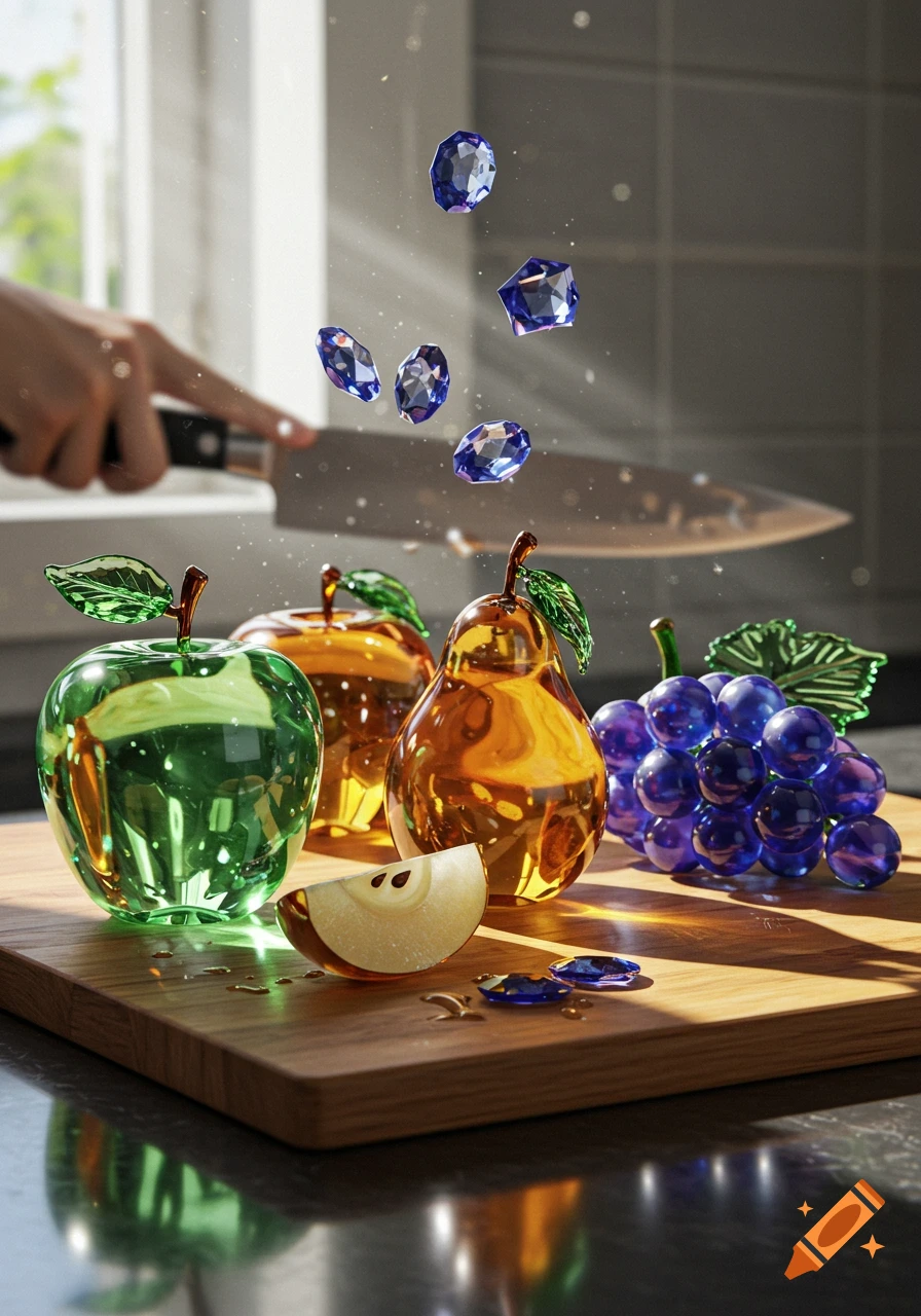 Photorealistic image of a hand holding a knife above a wooden board with glass fruit, including an apple, pear, grapes, and floating blue gems.