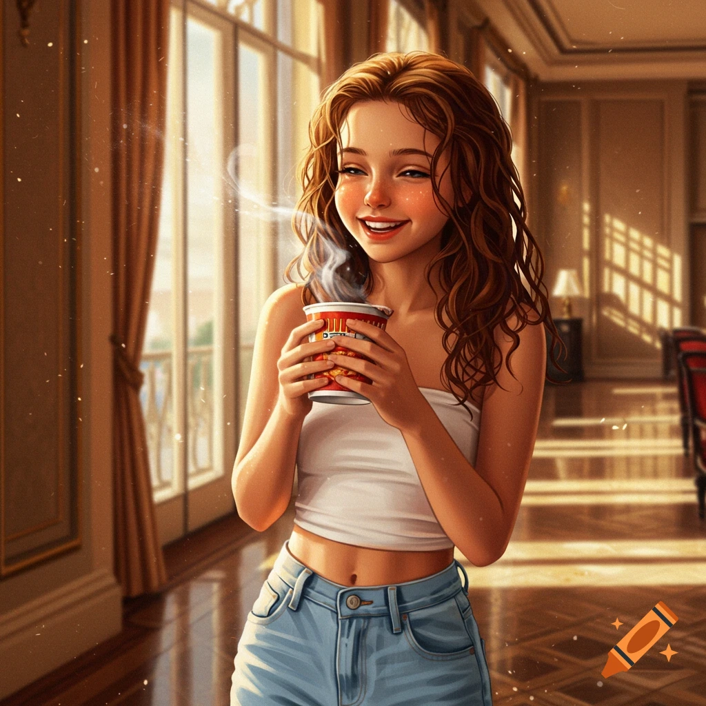 Smiling young woman with wavy brown hair, wearing a white strapless top and jeans, holding a steaming cup in a sunlit hotel room.