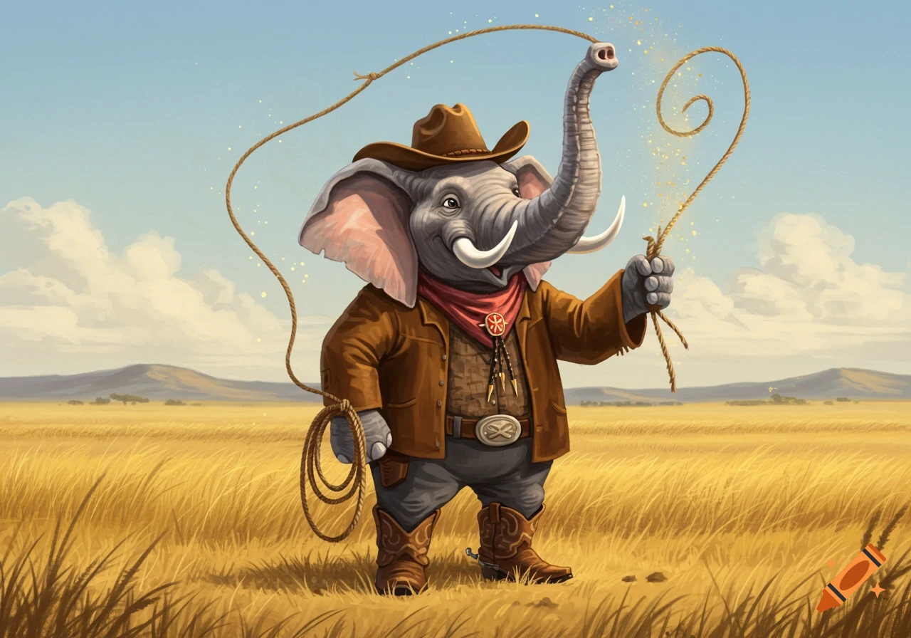 An anthropomorphic elephant wearing a cowboy hat, jacket, and boots, holding a lasso in a golden field.