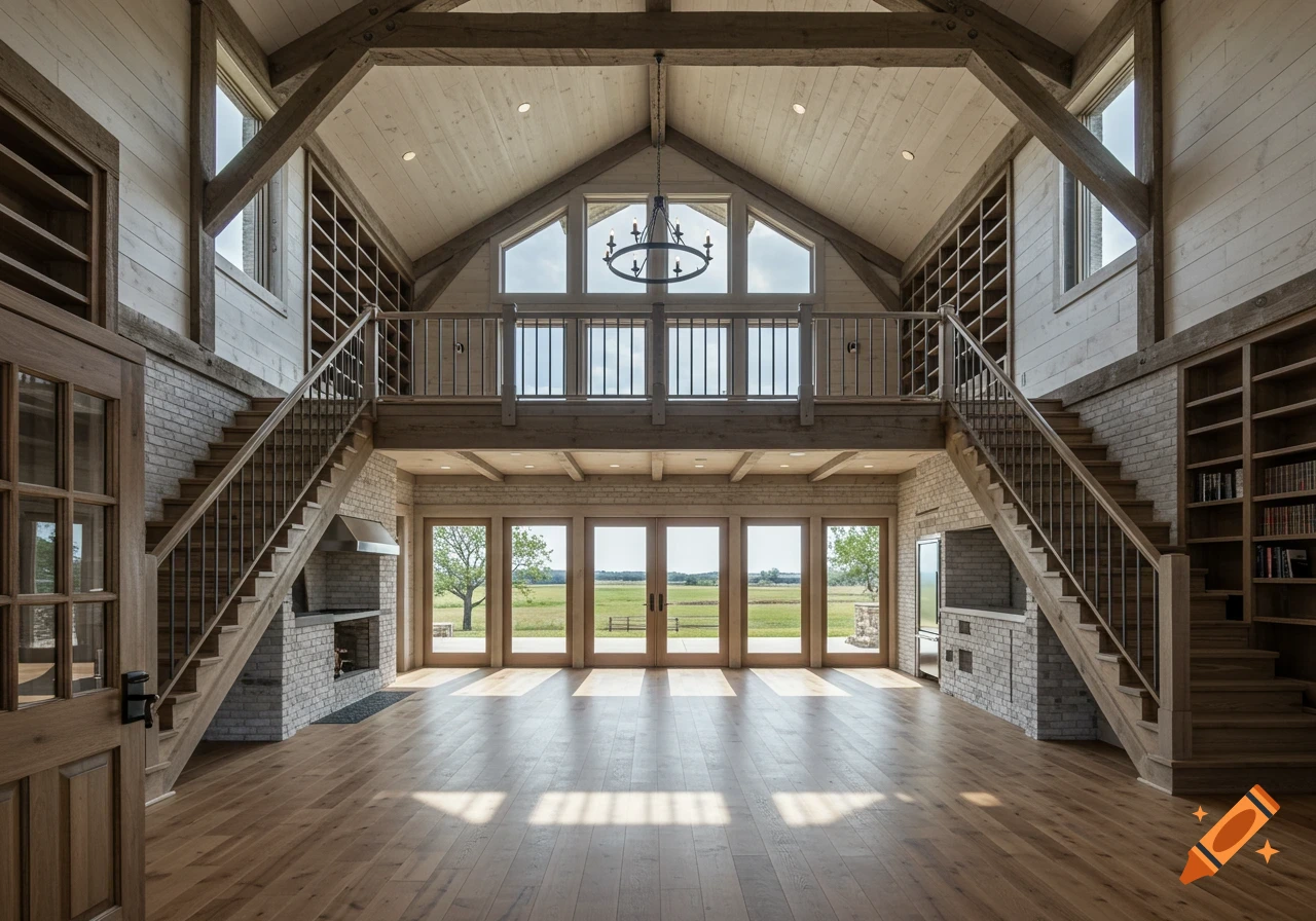 Photorealistic barndominium interior with grand staircases, vaulted living room, library loft, and large windows overlooking a green field.