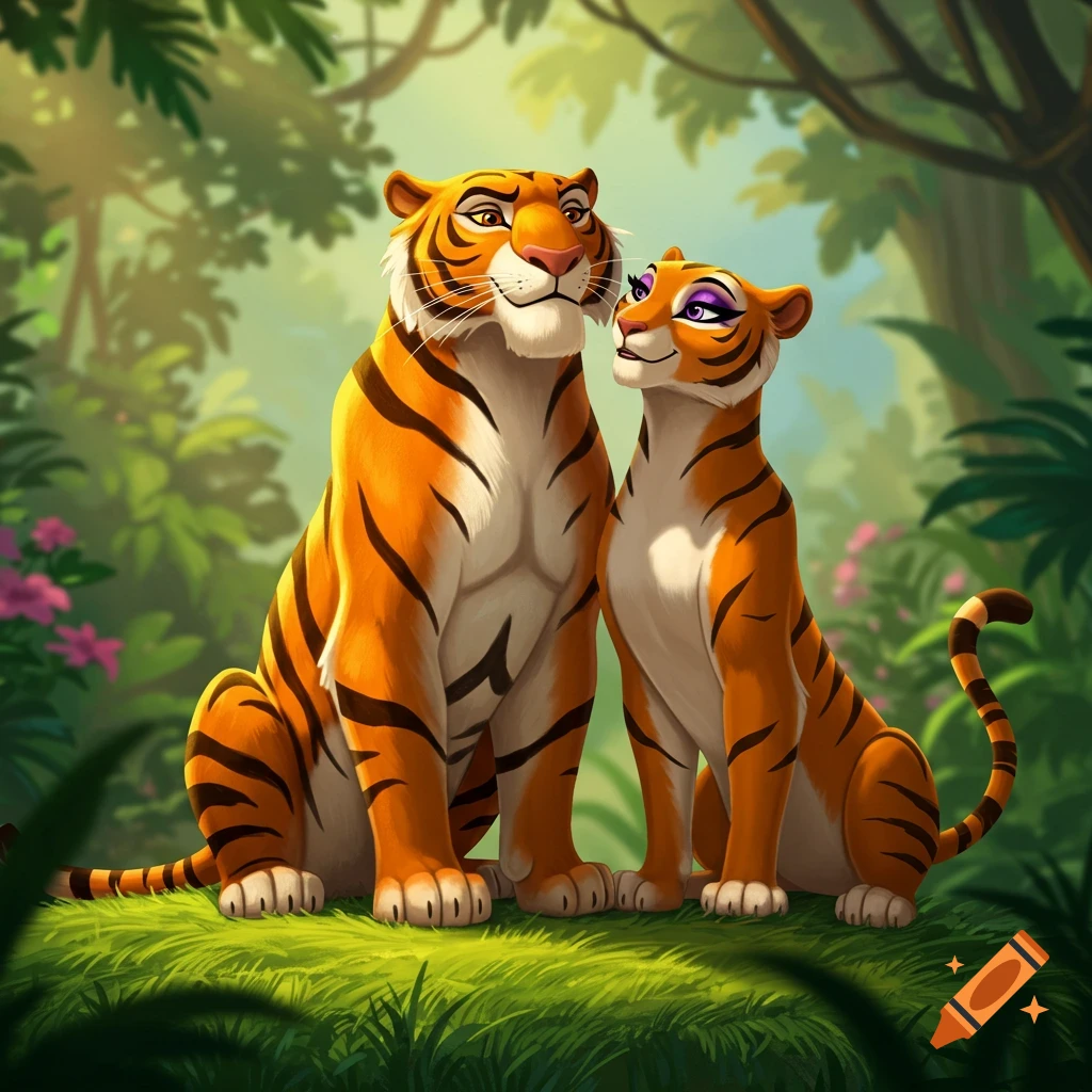 A cartoon male tiger and a female tiger with purple eyeshadow sit in a lush green jungle, looking at each other.