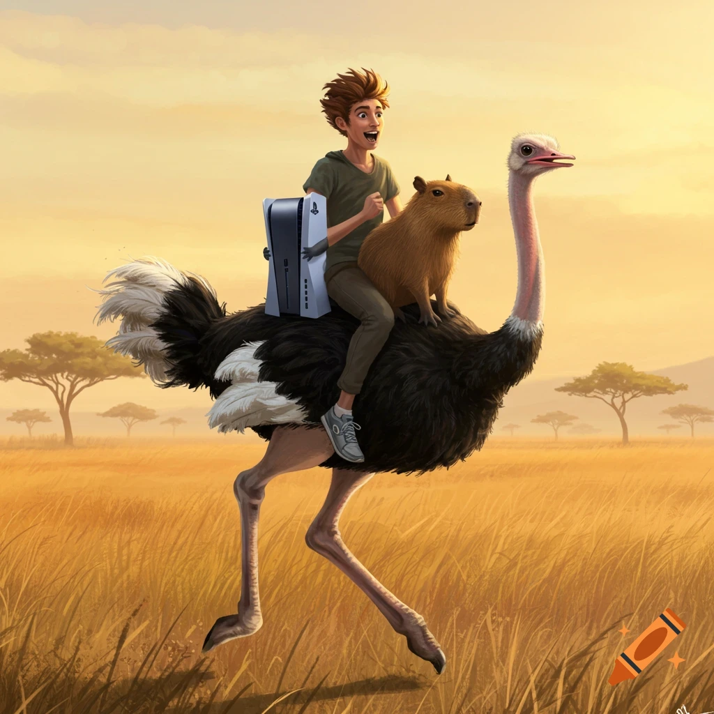 A cartoon boy with spiky hair rides a large ostrich with a capybara on its back, holding a PS5, across a savanna at sunset.