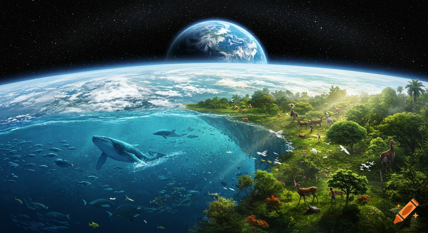 Vibrant split-view of Earth: underwater with whales and fish, a lush land with diverse animals and humans, and space with another planet.