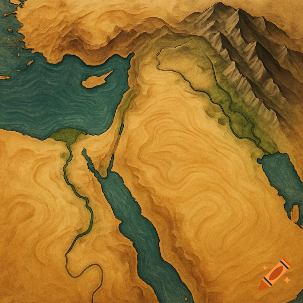 A stylized, textured map of the Middle East in watercolor, showing deserts, mountains, and teal waterways.