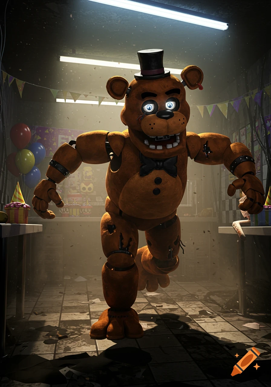 Freddy Fazbear, a brown animatronic bear, lunges through a dark, messy pizzeria room filled with party decor.
