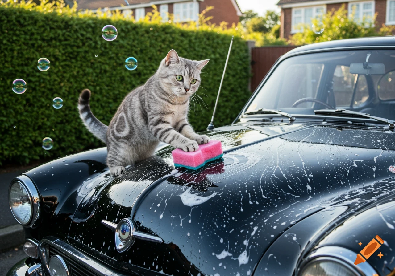 A photorealistic image of a tabby cat standing on the hood of a black classic car, washing it with a pink sponge amidst soap bubbles.