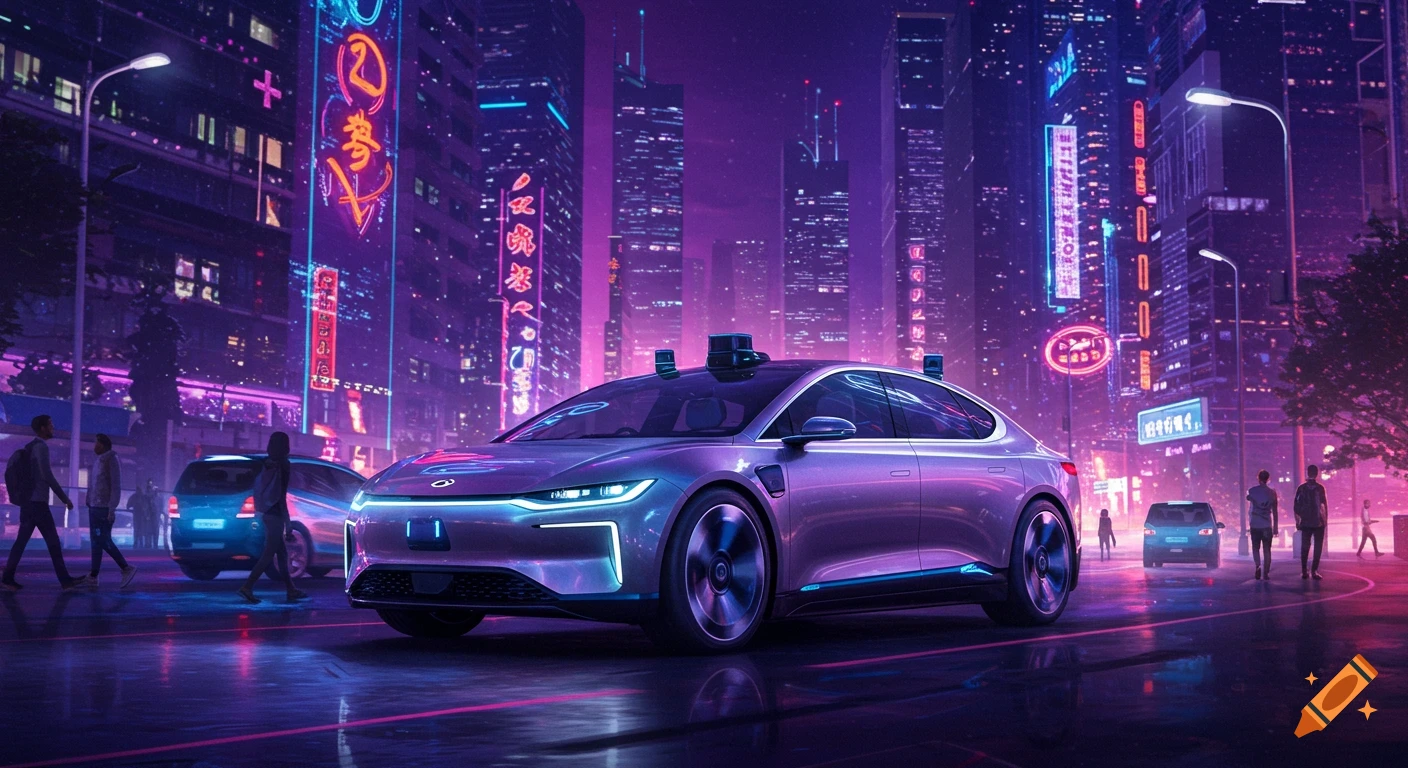 A futuristic autonomous car glowing with neon lights drives through a vibrant cyberpunk city at night with towering skyscrapers.