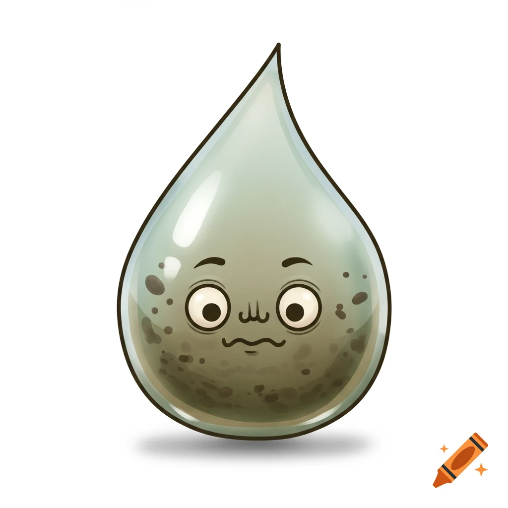A cartoon illustration of a dirty, gray water droplet with a worried expression and wide eyes, on a white background.