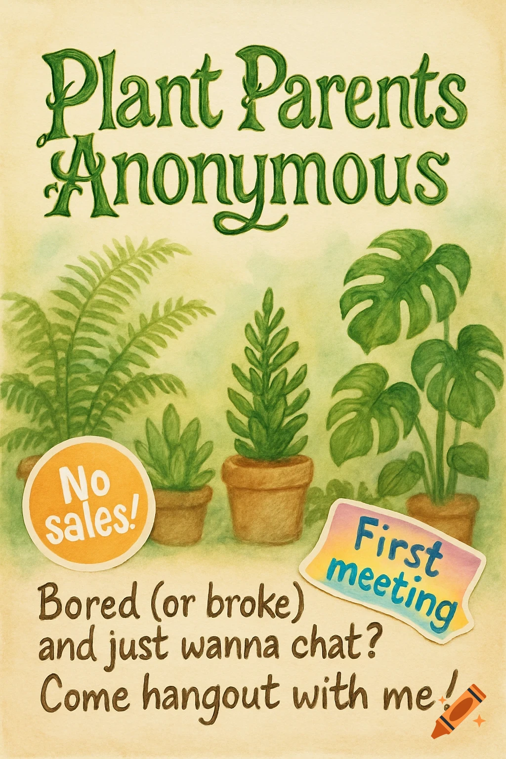 Watercolor-style flyer for 'Plant Parents Anonymous' with potted plants. Text reads 'No sales!', 'First meeting', 'Bored (or broke) and just wanna chat? Come hangout with me!'