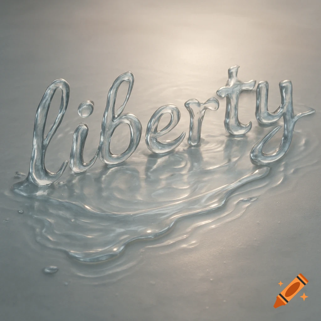 The word "liberty" formed from clear liquid letters spilled on a grey surface, glistening under light.