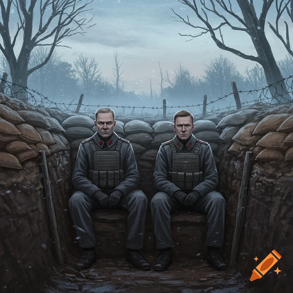 Two men in military uniforms sit in a winter trench, surrounded by sandbags and barren trees, in a digital art style.