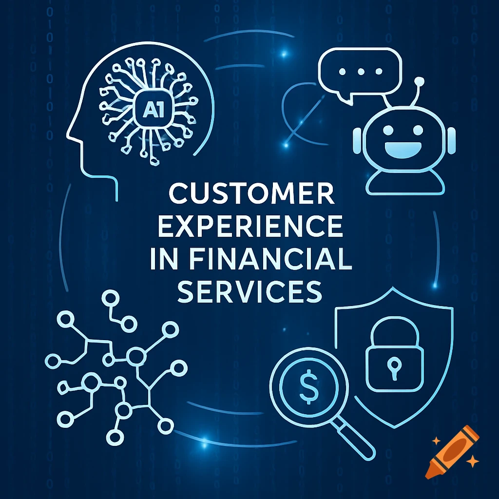 Blue infographic on customer experience in financial services with icons for AI, chatbot, data, security, and money.
