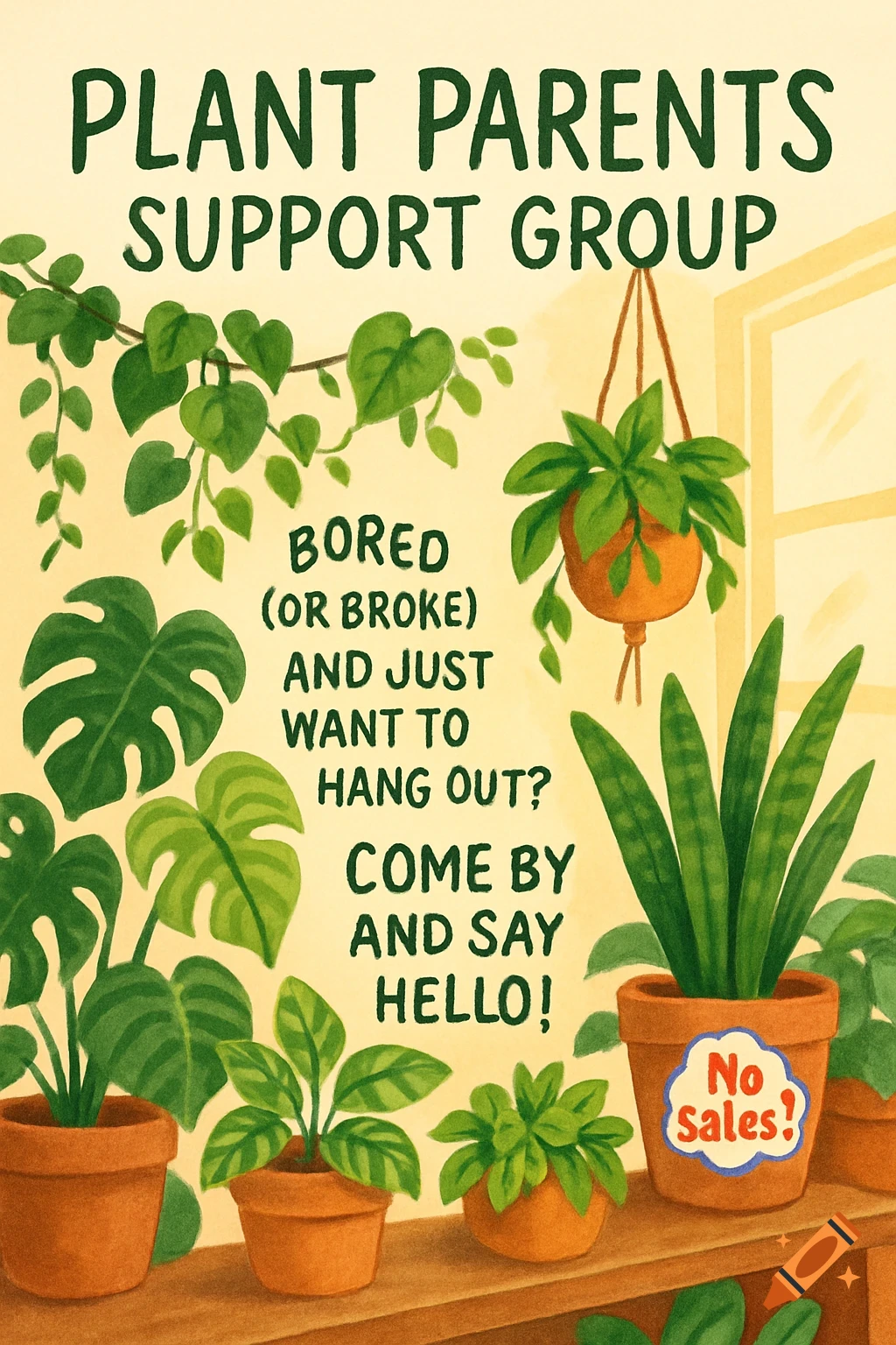 Digital illustration of a flyer for a 'Plant Parents Support Group' with various potted plants and text, including a 'No sales!' sticker.