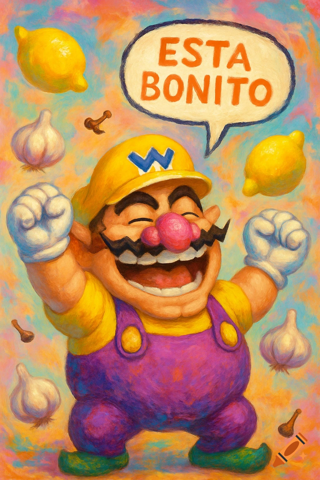 Vibrant oil painting of Wario smiling, arms up, speech bubble 'ESTA BONITO', surrounded by lemons and garlic.
