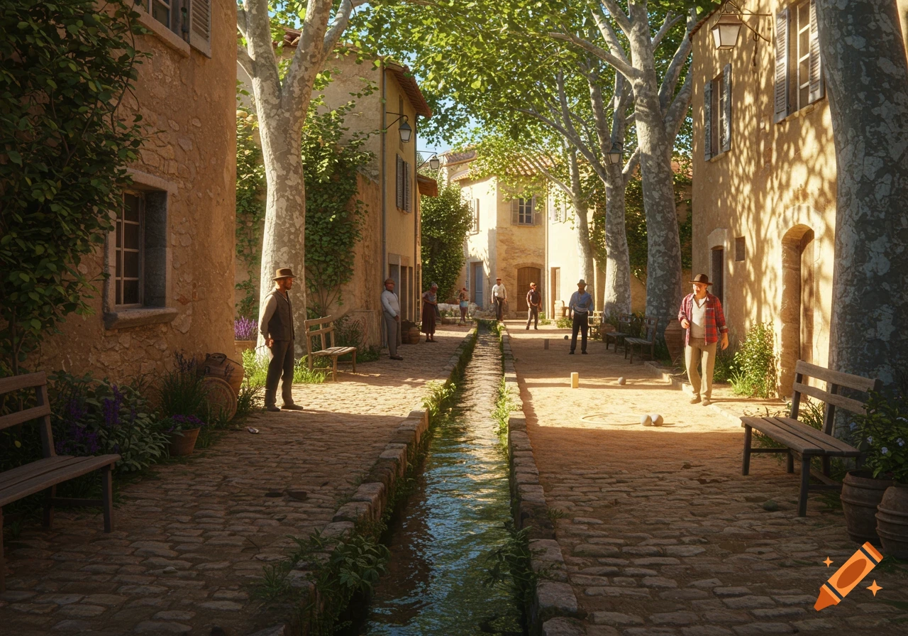 Sunny photorealistic Provencal village street with men playing pétanque, a stream, old buildings, and towering plane trees.