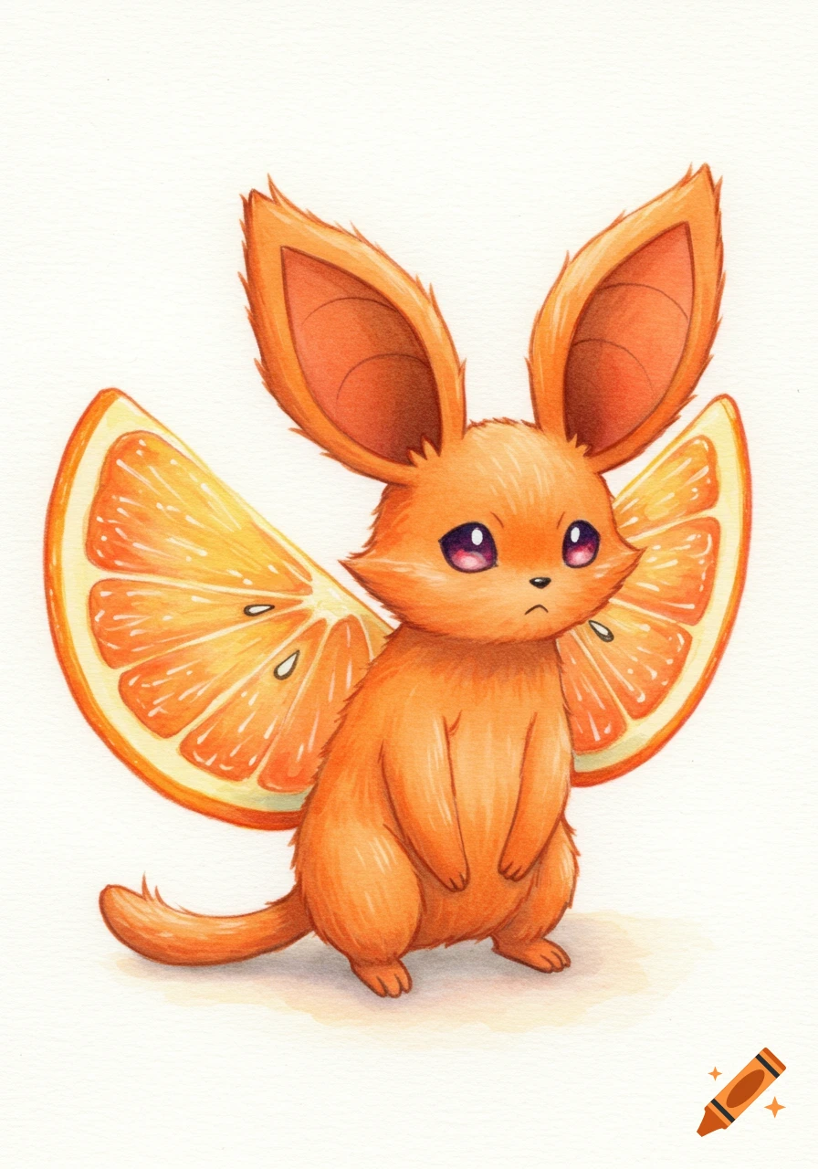 A fluffy orange bat-like creature with large ears, purple eyes, and wings made of orange slices, in a watercolor style.