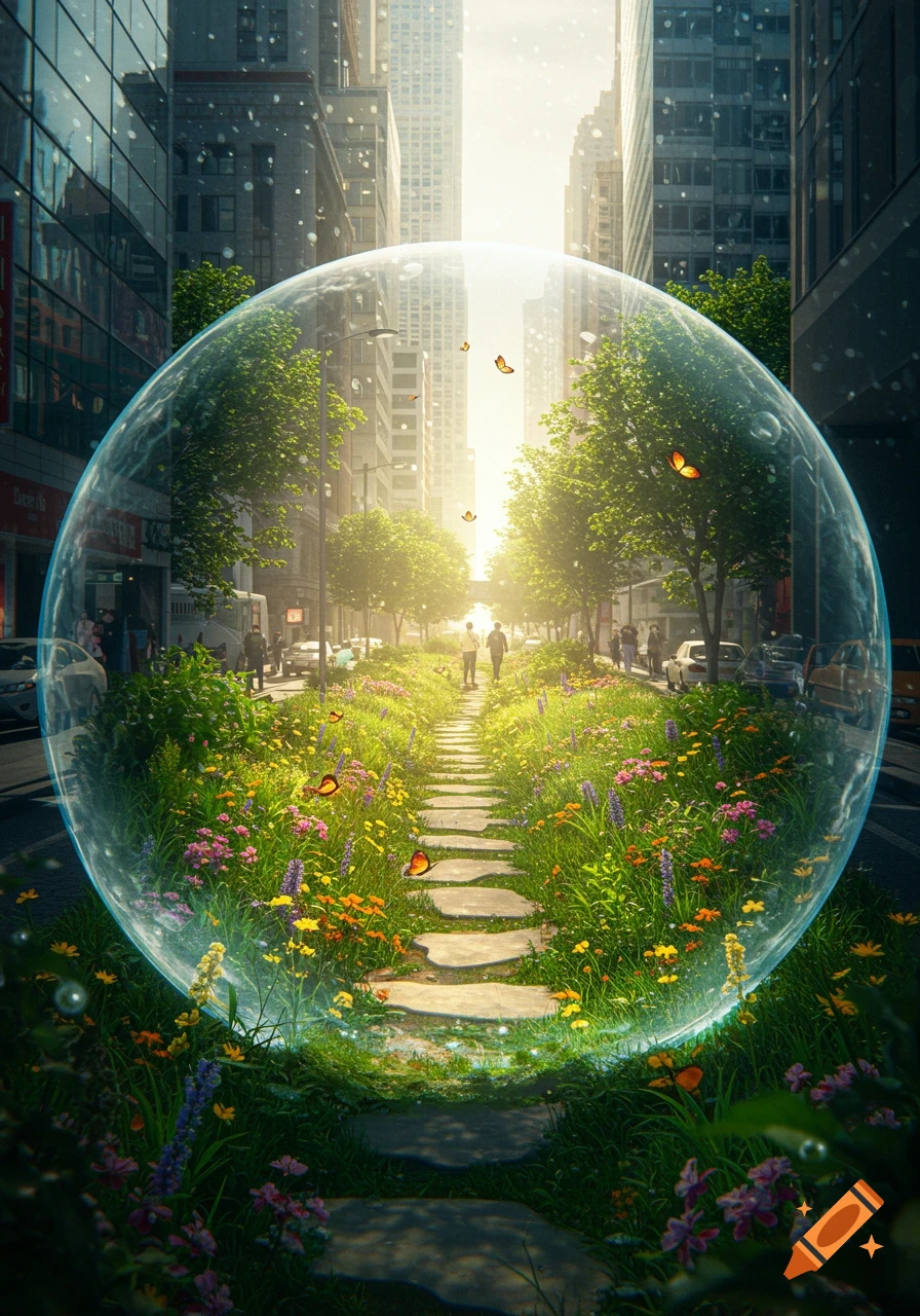 A giant transparent bubble enclosing a lush garden path with flowers and butterflies sits on a busy city street lined with skyscrapers, bathed in sunlight.
