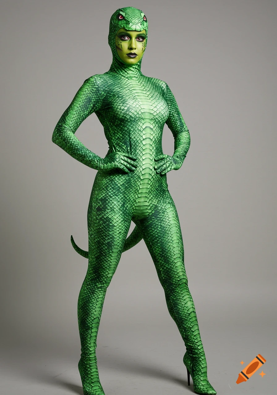 A woman in a full-body green snake costume with a skintight hood and green SFX makeup poses hands-on-hips against a grey background.