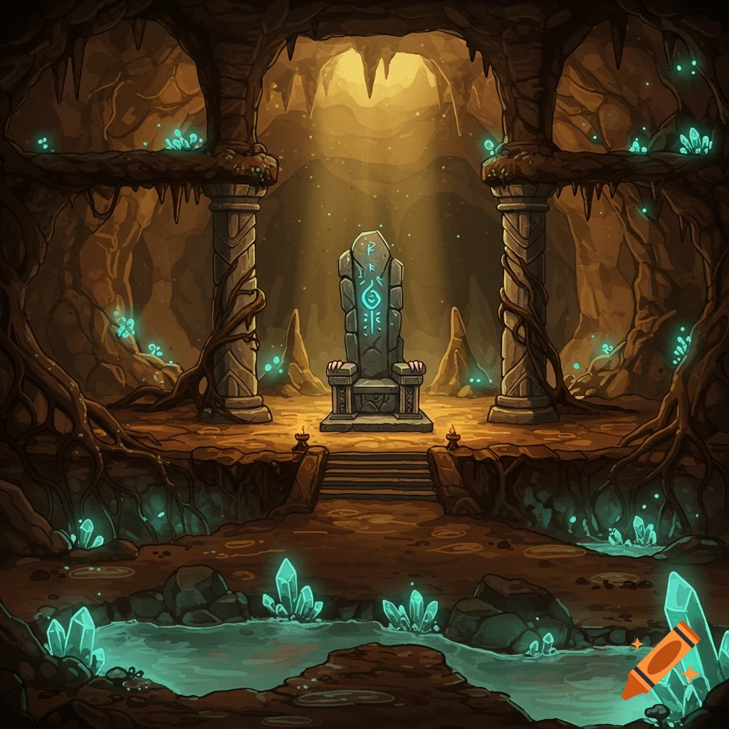 A stylized underground cave with a glowing runic throne, luminous crystals, and a stream, lit by a golden light from above.