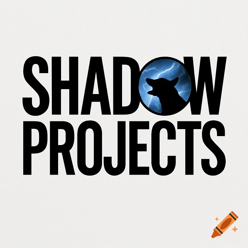 Black text 'SHADOW PROJECTS' on a white background. The 'O' in 'SHADOW' is a circular inset with a barking dog silhouette against blue lightning.