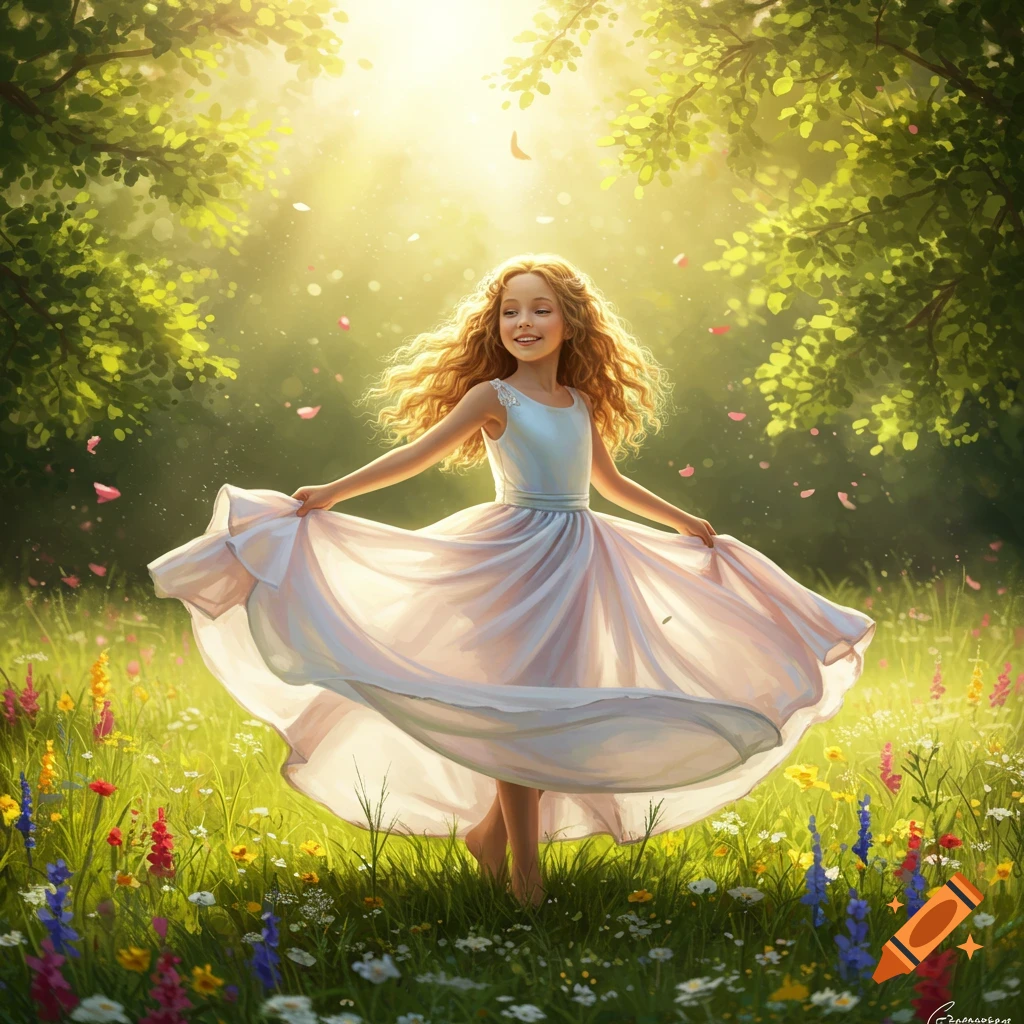 A young girl with curly blonde hair dances in a sunlit meadow of wildflowers, twirling her pink dress. Bright illustration.