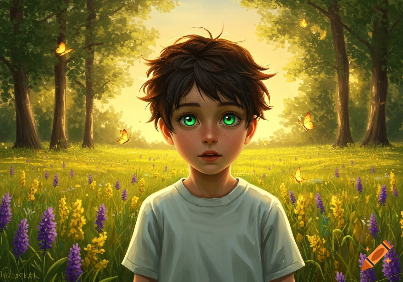 An illustration of a wide-eyed young boy with green eyes in a sunny field of wildflowers with butterflies.