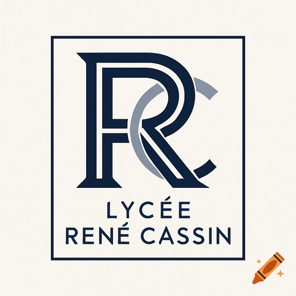Dark blue monogram of intertwined 'RC' letters above 'LYCÉE RENÉ CASSIN' in a square frame on a cream background.