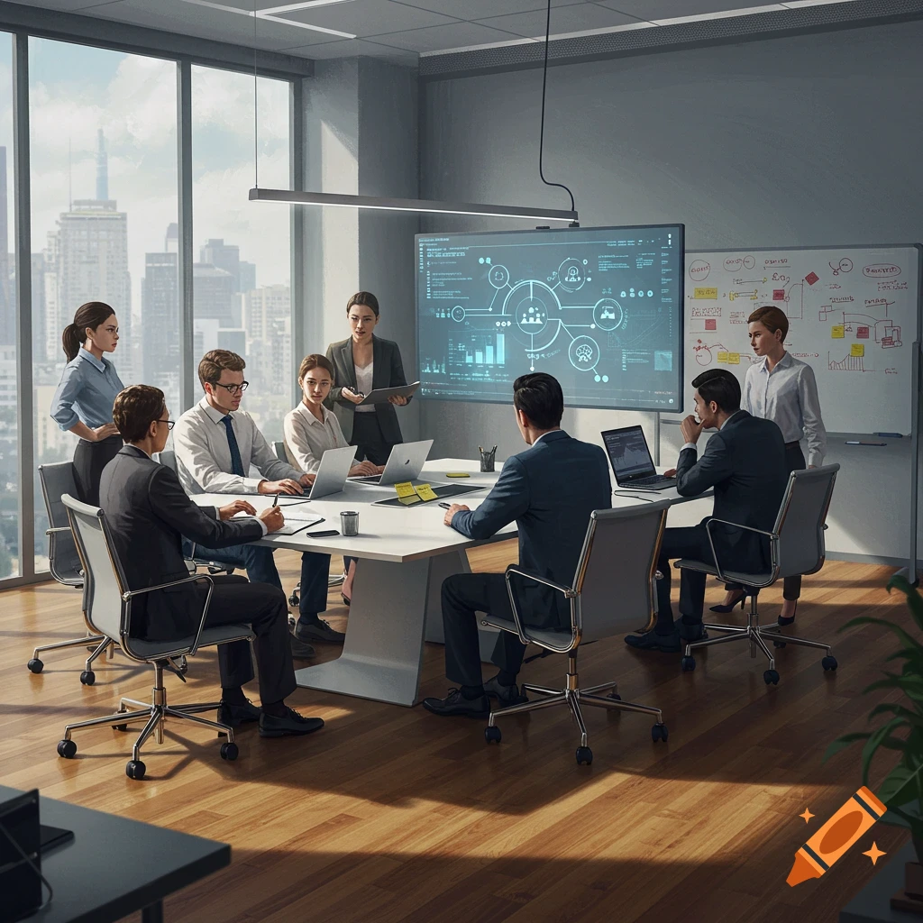 A group of business professionals holds a meeting in a modern conference room with a city view, using laptops and reviewing data on a large screen and whiteboard.