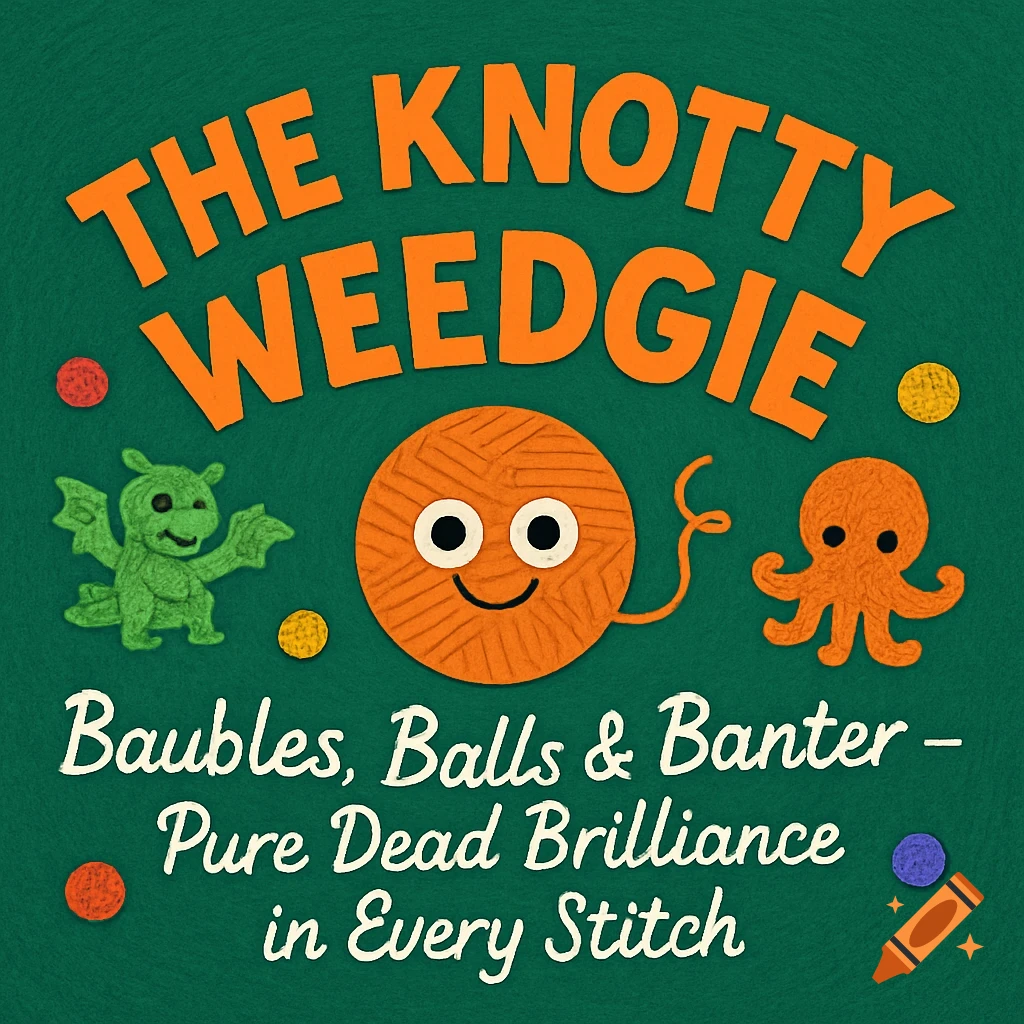 Whimsical green felt sign for 'The Knotty Weedgie' with orange text, featuring a smiling yarn ball, green dragon, and orange octopus.