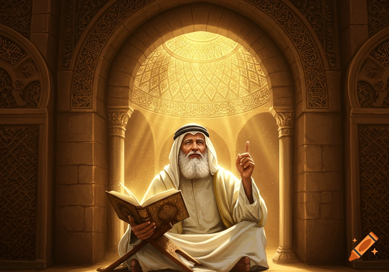 An old Arab man with a white beard reads a book, pointing up, under an ornate golden archway in a spiritual setting.