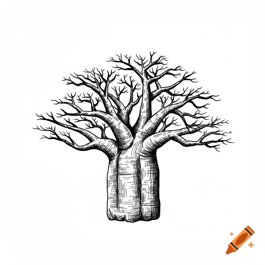A black line art tattoo design of a baobab tree with a thick trunk and bare branches.