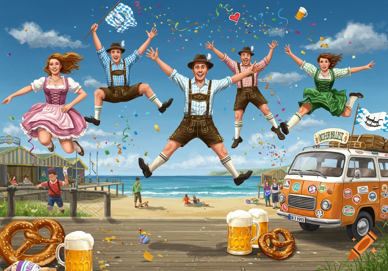 People in Lederhosen and dirndls jump joyfully over a boardwalk at a beach, with confetti, beer, pretzels, and a decorated van.