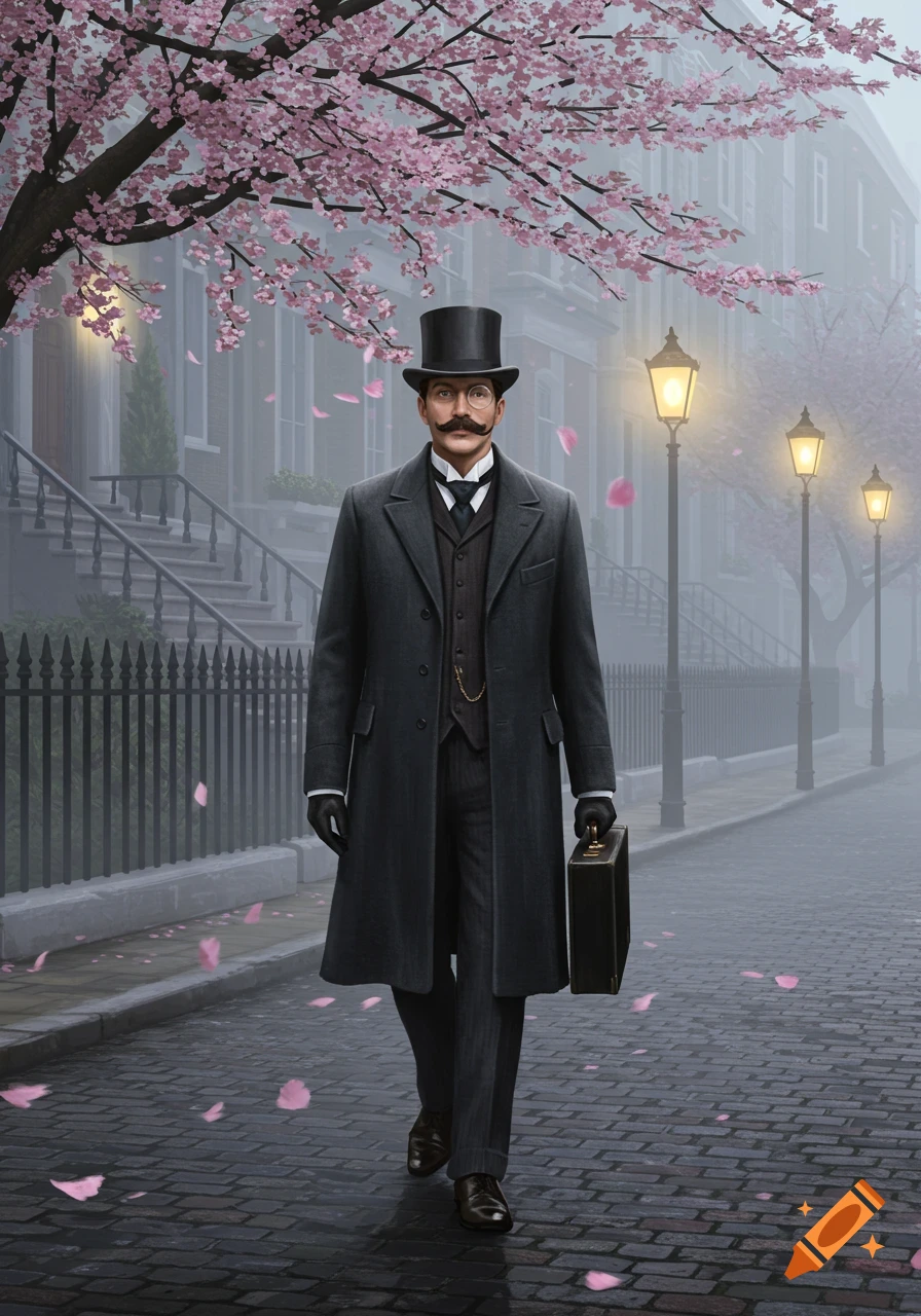 A Victorian man in a top hat, coat, and monocle walking down a foggy city street with pink cherry blossoms, carrying a valise.