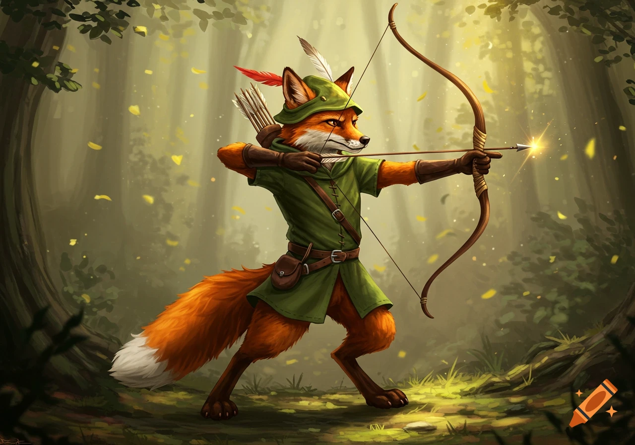 A lifelike fox archer in a green tunic and cap draws a bow and arrow with a star glint on the tip in a sunlit forest.
