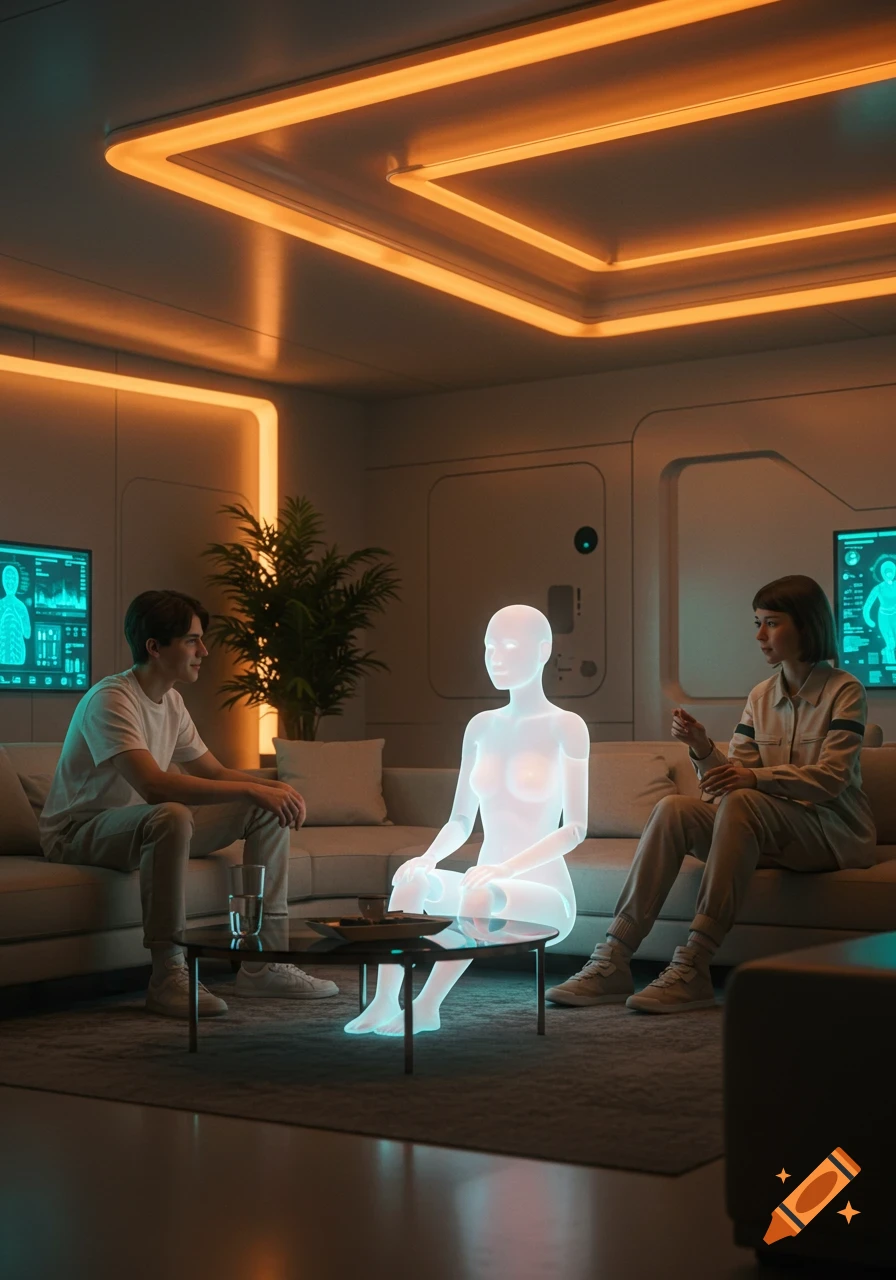Two people interact with a glowing, translucent AI being in a futuristic room with orange neon lights and screens displaying data.