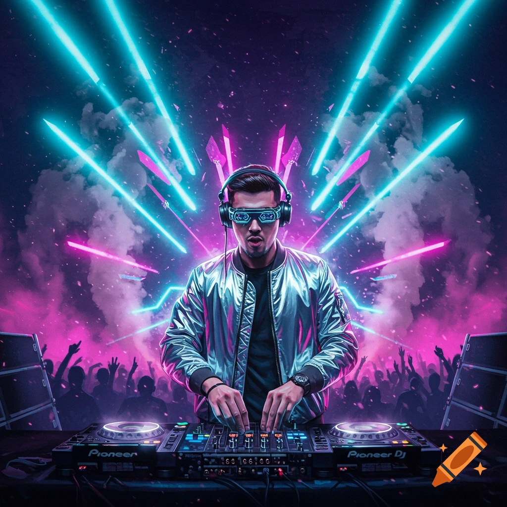 A DJ in futuristic glasses and a shiny jacket performs at a neon-lit concert, mixing music on turntables as a crowd cheers.