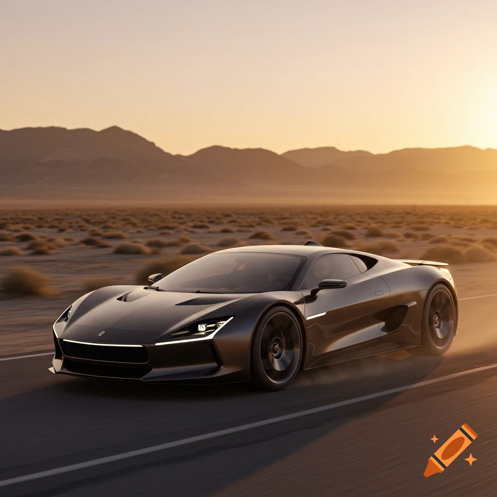 A sleek, dark gray modern sports car drives on a road through a desert landscape under a warm sunset sky.