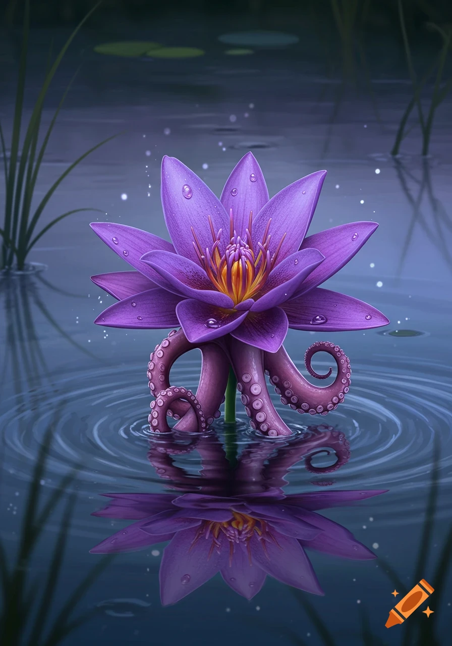 A fantastical purple water lily with octopus tentacles emerging from dark, rippling water.