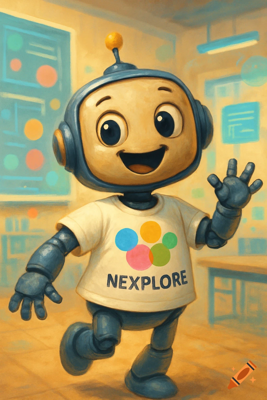 Cute cartoon robot mascot wearing a 'NEXPLORE' t-shirt with colorful bubbles, waving in a bright room, digital art.