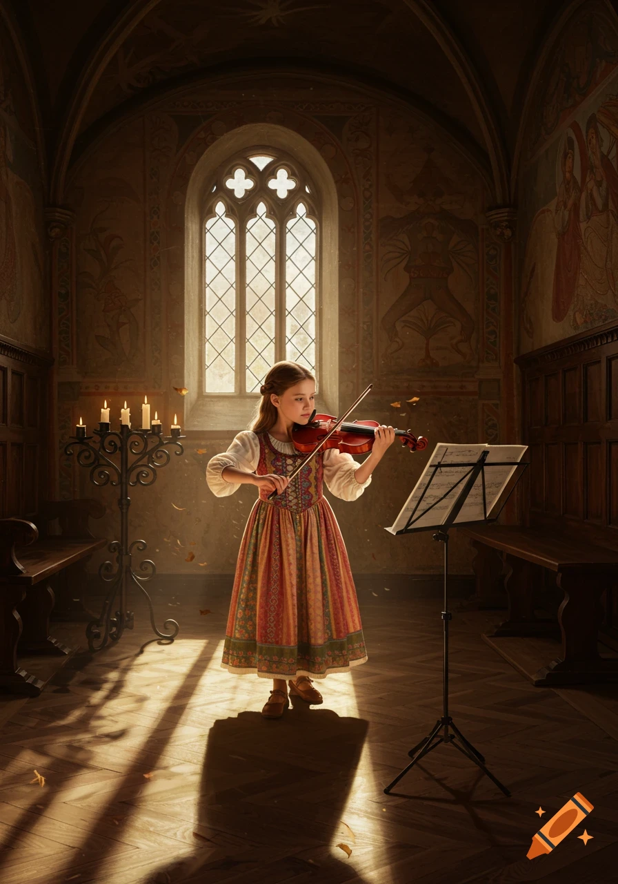 A young girl in a colorful medieval dress plays a red violin in a sunlit, ornate room.