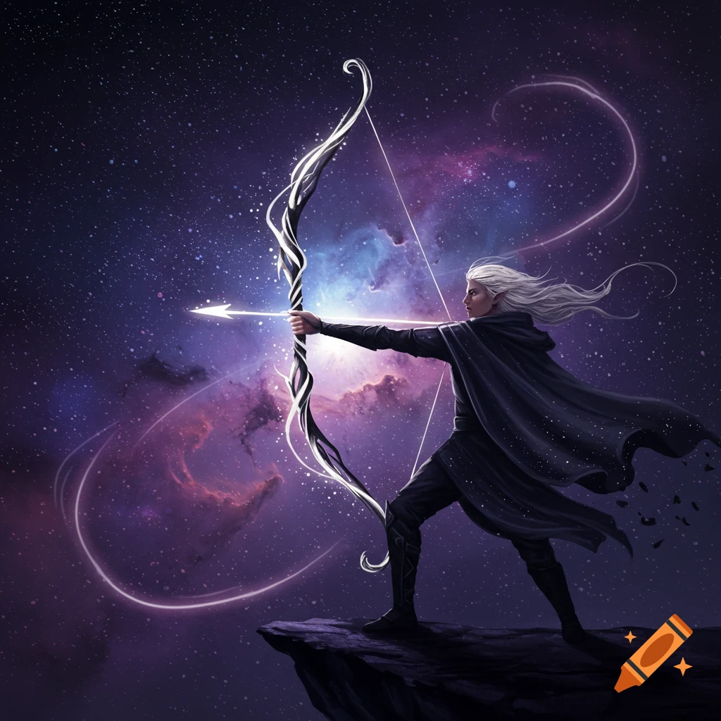 An elven archer with a glowing bow and arrow stands on a cliff against a vibrant purple and blue galaxy background.